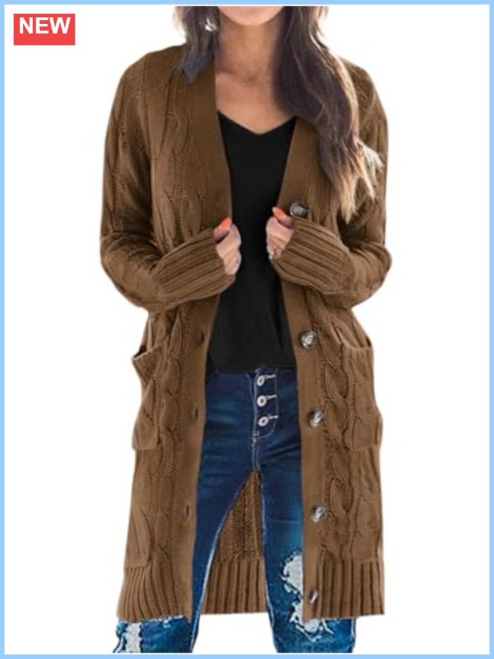 Cable Knit Long Button Cardigan Sweater with Pockets